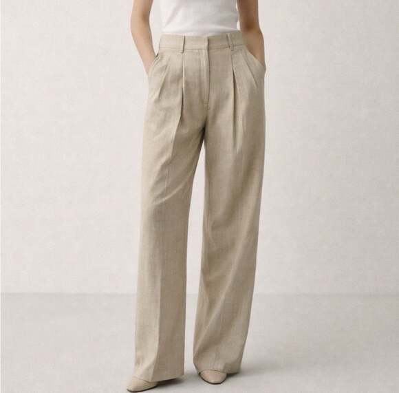 The Frankie Shop Pants - The Frankie Shop Wool Blend Pleated Tailored Trousers Beige Medium